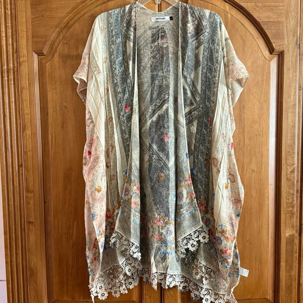 Origami boho open cardigan kimono lace embroidered coastal grandma western OS - Picture 2 of 14